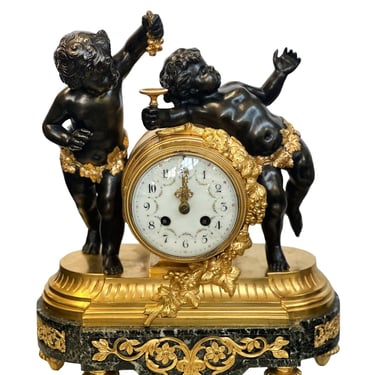 French Early 20th Century Ormolu &amp; Marble Cherub Mantel Clock