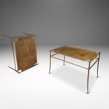 Set of Two (2) Petite Mid-Century Modern Accent Benches in Animal Hide & Leather After T.H. Robsjohn-Gibbings, USA, c. 1980's 