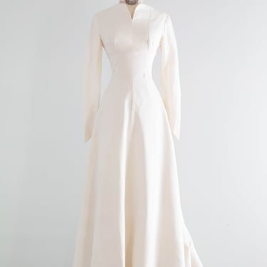 Elegant 1950's Structured & Sophisticated White Linen Wedding Gown / S