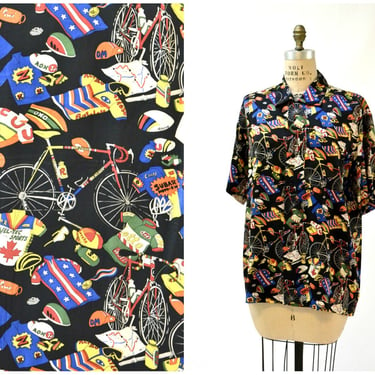 90s Bike Print Vintage Nicole Miller Mens Silk Shirt Printed Silk button Down Shirt Bicycle Cycling Tour De France Print Medium 90s pop art 