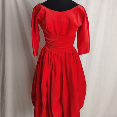 Vintage 1950s 1960s Red Velvet Cocktail Dress // Bubble Hem A Line 