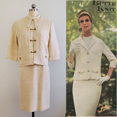 1960s Butte Knit Dress Suit with Skirt, Jacket and blouse - Linen Cotton Blend - 60s Dress Set - 60s Women's Vintage Size Small/Medium 