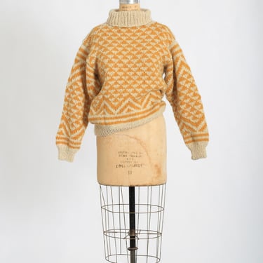 60s diamond knit sweater | Vintage 1960s mustard hand knit fisherman knit wool turtleneck sweater 