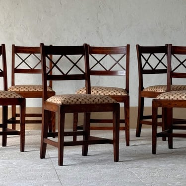 Set of Six Regency Elm &#038; Rosewood Provincial Dining Chairs Circa 1815 upholstered in Jasper Antoinette