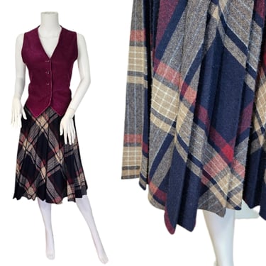 1970's Navy Blue Tan Red Pleated Plaid A-Line Skirt I Sz Med I W: 27