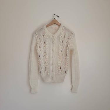 Vintage 1960's Knit Acrylic Cardigan Sweater / Patterned / M Cable Knit 