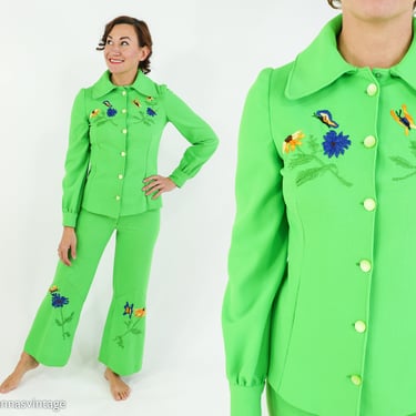 1970s Green Polyester Pantsuit | 70s Neon Green Embroidered Pantsuit | Small 