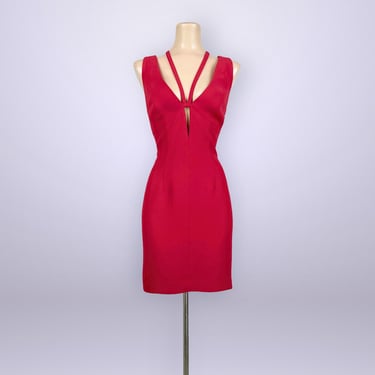 VINTAGE 90s Deep Plunge Cage Neck Party Dress by Andrea Polizzi Size 8 | 1990s Red Strappy Open Back Bodycon Cocktail Dress | VFG 