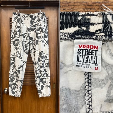 Vintage 1980’s Original “Vision Street Wear” Skull All Over Print AOP Cotton Skate Skateboard Pants, 80’s Vintage Clothing 