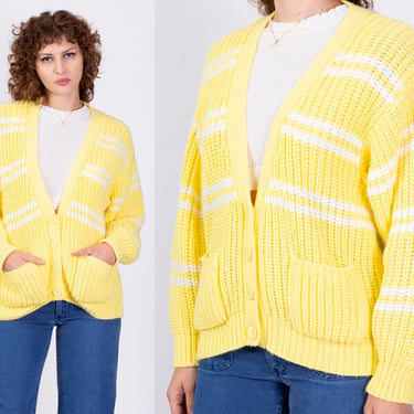 80s Yellow Striped Slouchy V Neck Cardigan - Large | Vintage Knit Button Up Sweater 