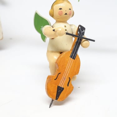 Antique German Erzgebirge Wooden Angel with Wings playing Cello, Vintage KUHNE  Christmas Toy 