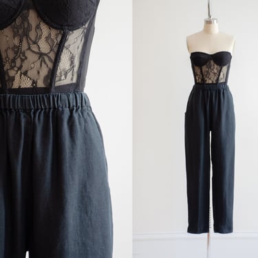 high waisted pants | 90s y2k vintage FLAX Jeanne Engelhart black linen elastic waist pants 