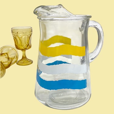 Vintage Libbey Pitcher Retro 1970s Mid Century Modern + Clear Glass + Wavy Line Design + Yellow/White/Blue + Serving Drinks + MCM Kitchen 