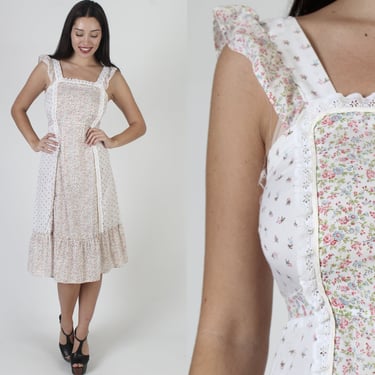 Dusty Rose Calico Floral Dress, Romantic All Over Flower Print, Vintage 70s Bohemian Mini Sundress 