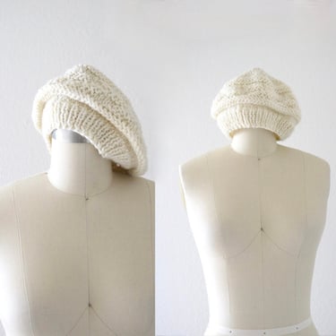 ivory knit beret - vintage 90s womens French white cream academia hat hats 