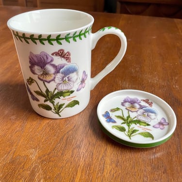 Portmeirion Botanic Garden Pansy Viola Hybrida with Butterflies Coffee Cup Tea Mug with Coaster | Susan Williams-Ellis 