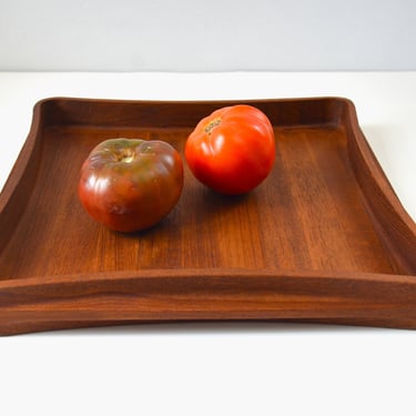 Dansk 14" Square Teak Serving Tray with Curved Corners and Integrated Handles 