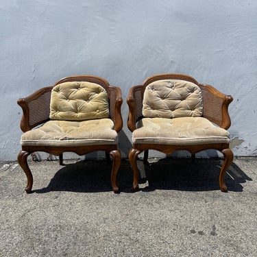 2 Chairs Cane Tufted Armchair Wood Tub Barrel Back Style Set Pair of Chairs Traditional Hollywood Regency Vintage Seating Bohemian Boho Chic 