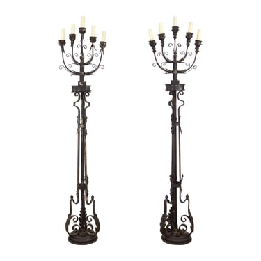 Pair of Wrought Iron 19th Century Candelabra Floor Lamps