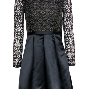 Ted Baker - Black &amp; Gold Floral Lace Long Sleeve Fit &amp; Flare Dress Sz 0