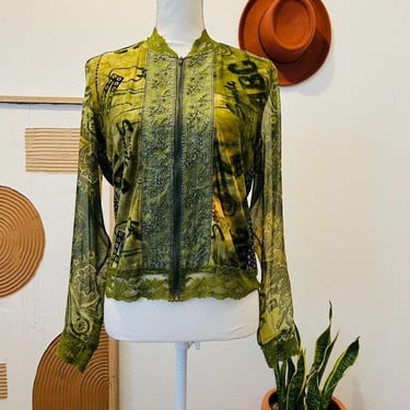 Y2K Green Embellished Lace Sequin Long Sleeve Zip Up Jacket Blouse 