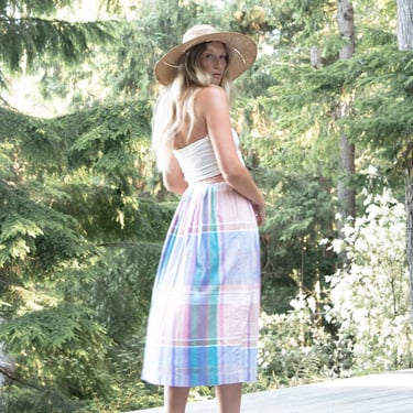 Eddie Bauer Plaid Skirt | Pleated Rainbow Pastel Cotton Button Front Midi Skirt with Pockets, Boho Prairie Picnic Skirt 