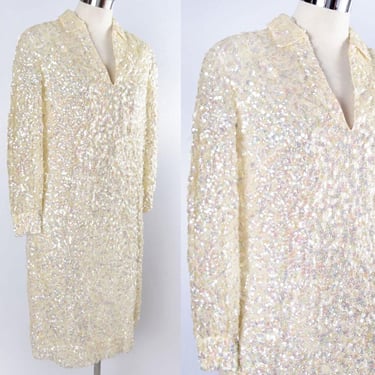 60's Ivory White Fully Sequined Dress, Shift Sheath Evening Dress Gown 1960's Vintage Cocktail Party Wedding 