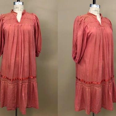 Sold As-Is, Vintage 1970s Cotton Gauze Dress, Hand Made Mexican Dress, Burnt Sienna Colored Dress, Folk Hippie Mexican, Size M/L by Mo