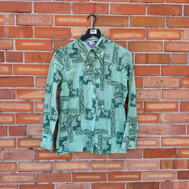 vintage 70s green victor tobacco print disco blouse / m medium 