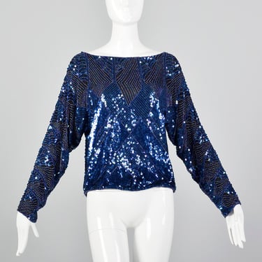 Medium Oleg Cassini Beaded Blouse Silk Blue Long Sleeve Party New Years 80s Vintage Shirt 