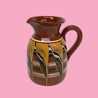 Vintage Ceramic Pitcher Retro 1970s Bohemian + Traditional Bulgarian + Pottery + Brown Glazed + Handmade + Boho Kitchen or Home Decor + 