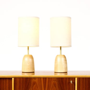 Studio Craft Birch Conical Table Lamps — Lathe Turned with Brass Detailing — Pair — TL-10 