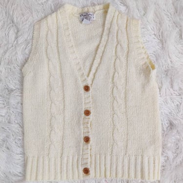 Vintage 70s Wayne Taylor Acrylic Wool Sweater Vest // Cream Cable-Knit Button-Up 