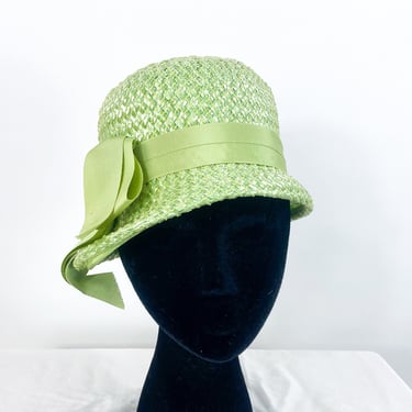 1960s Green High Crown Straw Hat | 60s Light Green Bucket Hat | Twiggy 