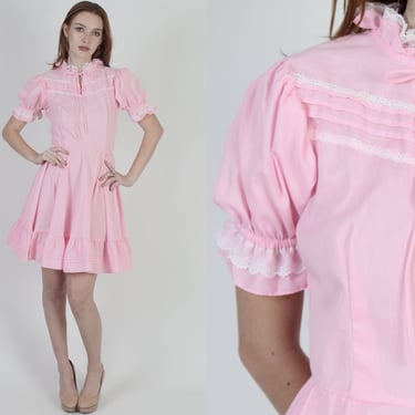 70s Square Dancing Dress / Cotton Candy Pink Western Dress / Country Cowgirl Outfit / Womens Full Skirt Tiered Ruffle Mini Dress 
