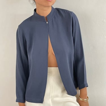 90s silk blouse / vintage double faced gauzy silk crepe open front mandarin collar boxy slate indigo blue blouse over shirt M 