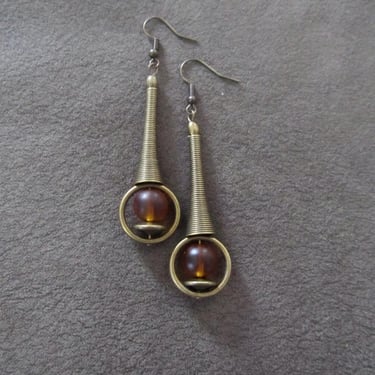 Mid century modern earrings orange frosted glass and bronze earrings 