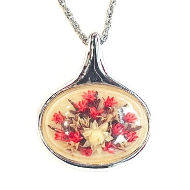 Vintage Dried Flower Shadowbox Bubble Necklace, Floral Pendant, Modernist Teardrop Setting, Silver Necklace, Boho Chic, Nature Lover Gift 