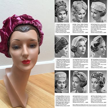 Waving Her Hands Above - Vintage 1950s 1960s Magenta Crinkled Wavy Velvet Turban Beehive Hat 