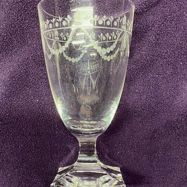 Rare set of 10 Georgian Style Rummer Drinking Glasses~Antique Swag Pin Etched, Oval looking glass, Square Base Water Stemware Glass~ Elegant 