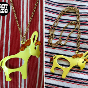 Kitschy Cute Vintage 70s Yellow Horse Donkey Pendant Necklace 