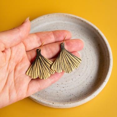 Gingko Leaf Earrings - Metallic Gold + Black - in Reclaimed Leather 