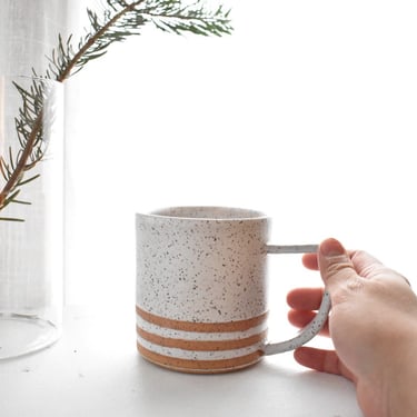 White Simple Stripes and Speckled Stoneware Mug 