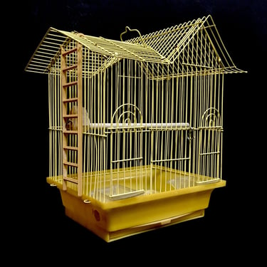 Vintage wire house birdcage single roof in yellow with accessories 