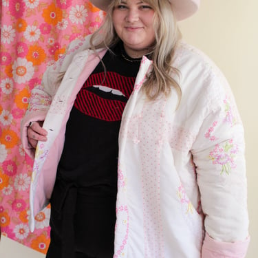 Chubby Dust Bunny Plus Size Handmade Recycled Embroidered Pink Hearts Quilt Jacket. 6XL. 