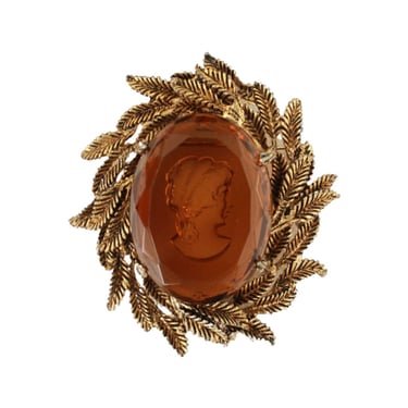 1960s Large Reverse Carved Topaz Cameo Brooch - 1960s Brown Topaz Brooch - Vintage Topaz Brooch - 1960s Large Cut Glass Rhinestone Brooch 