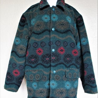 Vintage 1980s Southwest Pattern Pea Coat, Large Men, Wool Blend 