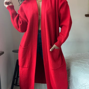 vintage red oversized open style puffy sleeve long cardigan 