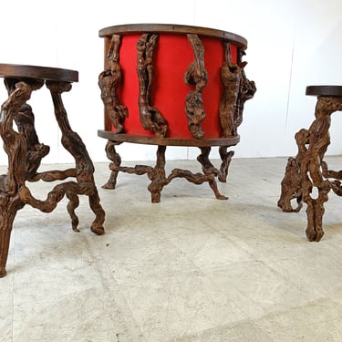 Vintage vine wood branch bar with stools, 1950s - bar table - bar counter - antique bar - sculptural table - sculptural cabinet 