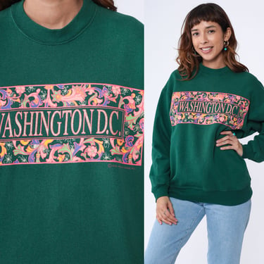 Washington DC Sweatshirt 90s Sparkly Dark Green Glitter Shirt Spellout Graphic Shirt Capitol Crewneck Vintage 1990s Spell Out Medium Large 